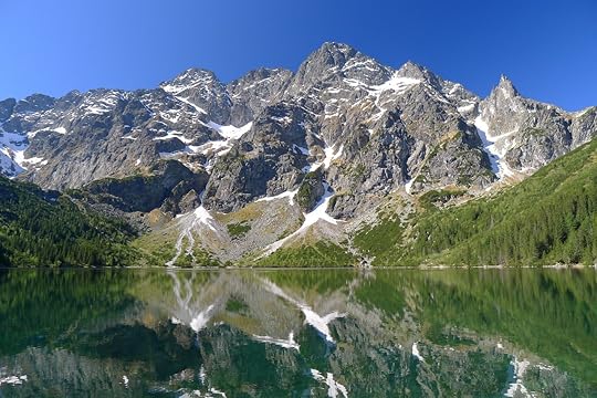 Reflection of Tatra mountain peaks in Morskie Oko Lake