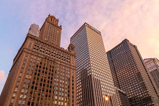 The Jewelers, Kemper, and Leo Burnett buildings at sunset on a spring evening