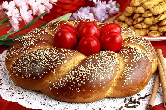 Easter sweet bread with red eggs