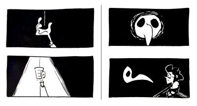 Four black and white illustrations. First: a hand reaches for a light switch cord. Second: the hand pulls the cord and a cone of light appears. Third: a white bird plague mask floats in a field of black. Fourth: the mask, floating on the left, stares at Oliver, standing on the right, who is tethered down with black ropes.