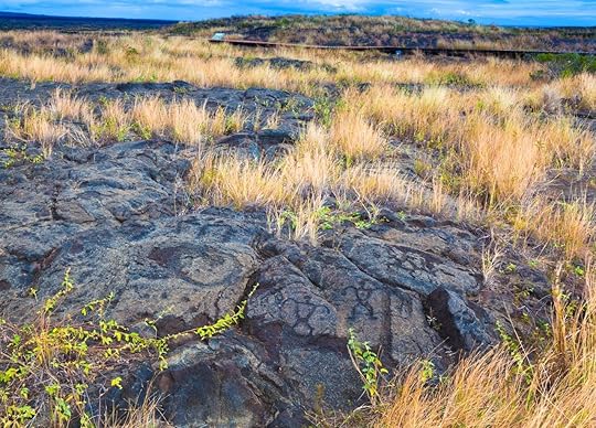 Ancient petroglyphs on lava along the trail in Hawaii Volcanoes National Park, Big Island