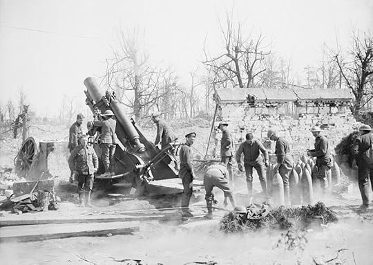 A 9.2 inch howitzer of the Royal Garrison Artillery in action in the ruins of Tilloy-les-Mofflaines, near Arras, April 1917 (photo: Lieutenant John Warwick Brooke, © IWM (Q 5221)).