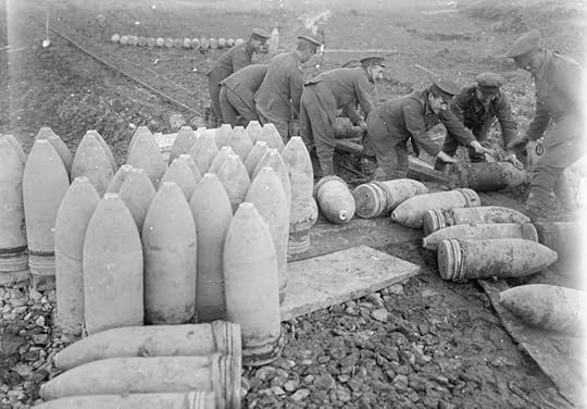 British troops loading 9.2-inch howitzer shells onto a light railway trolley, Fricourt, September 1916 (photo: Lieutenant Ernest Brooks, © IWM (Q 1470)).