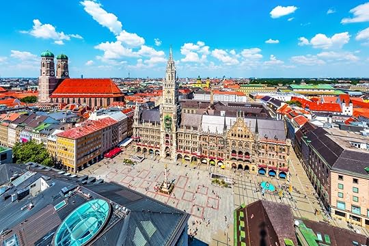 Scenic summer aerial view of the ancient medieval Gothic architecture City Hall building at the Market Square Marienplatz in Munich, Bavaria
