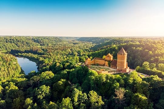 Aerial view to the Turaida Castle and Gauja River at sunset, Latvia