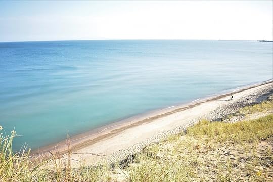 From the top of the Mount Baldy west dune trail, lake south of Lake Michigan shoreline in Dunes National Lakeshore Park Indiana