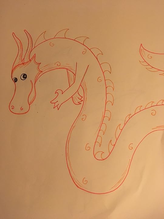 Chinese red and orange dragon smiling and waving