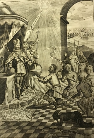 Title page from the 1770 edition of Cortes Letter to Charles V showing indigenous Nahua in feathered costume. Jay I. Kislak Collection, Library of Congress.