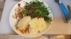 Scallops, rice, pea greens, Chinese sausage