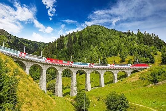 Train on famous landwasser Viaduct bridge in Switzerland