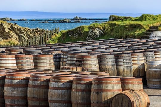 Scotch whiskey barrels lined up on the Island of Islay, Scotland