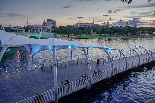 Sunset shot over the Tampa Riverwalk with the University of Tampa in the background