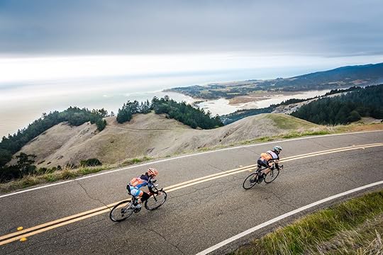 Two road bikers on Ridgecrest Blvd. above Stinson Beach, CA