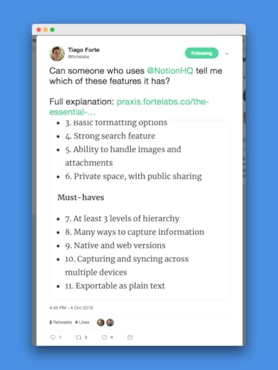 Tiago tweets for help evaluating Notion based on his criteria