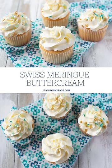 duo photo of homemade vanilla cupcakes frosted with homemade Swiss Meringue Buttercream Frosting with sprinkles and a teal cloth napkin