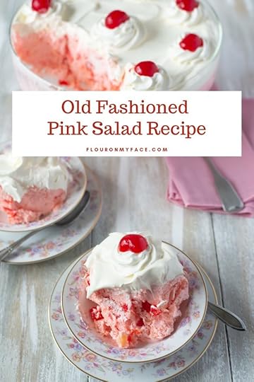 an above and side view of old fashioned pink salad dessert recipe made with maraschino cherries and gelatin