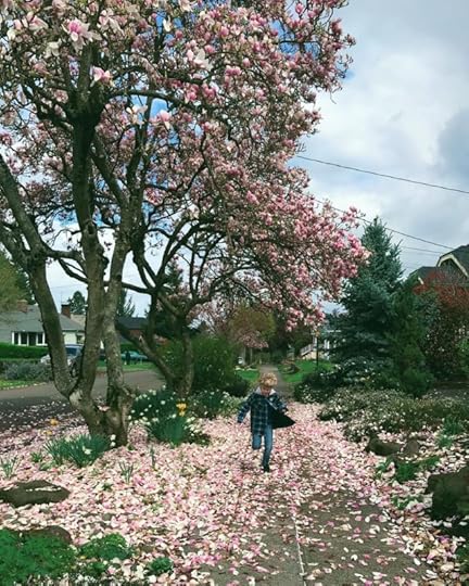 boy running through fallen pick blossoms under a tulip magnolia