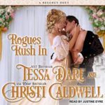 A blonde Regency lady in a white, lacy dress kisses a sexy man with dark hair and a nice set of abs.