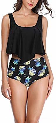 SelfieGo Women's Flounce High Waisted Bikini Sets Floral Halter Neck Monokini Bathing Suits,(Black Large)