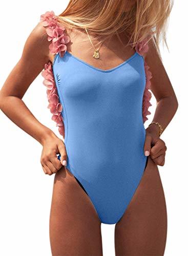 Acelitt Womens One Piece Ruffle Swimsuit Monokini Swimwear Bathing Suit Beachwear V Neck Tummy Control Backless Fashion Sky Blue XL