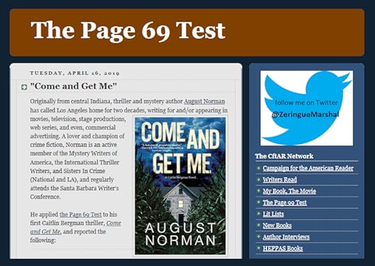 Marshal Zeringue invites thriller author August Norman to apply his Page 69 Test to Come and Get Me: A Caitlin Bergman Novel