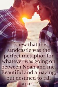 a man and woman forehead to forehead with sunset behind them. Book quote beneath them