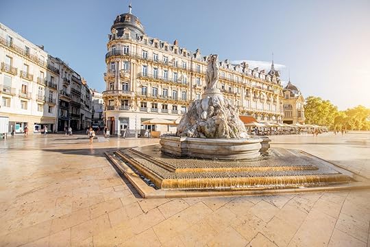 The Comedy square with fountain of Three Graces during the morning light in Montpellier city in southern France