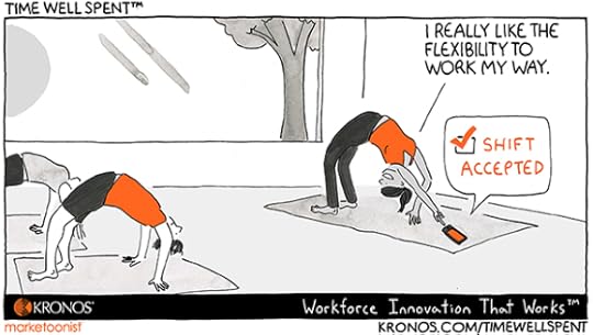 Kronos cartoon, yoga pose, flexible, flexible work, employee engagement, employee retention, technology