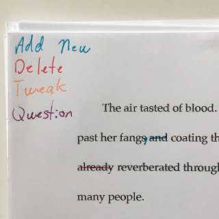Notes in upper left corner of page. In blue ink: Add new. In red ink: Delete. In orange: Tweak. In purple: Question. 