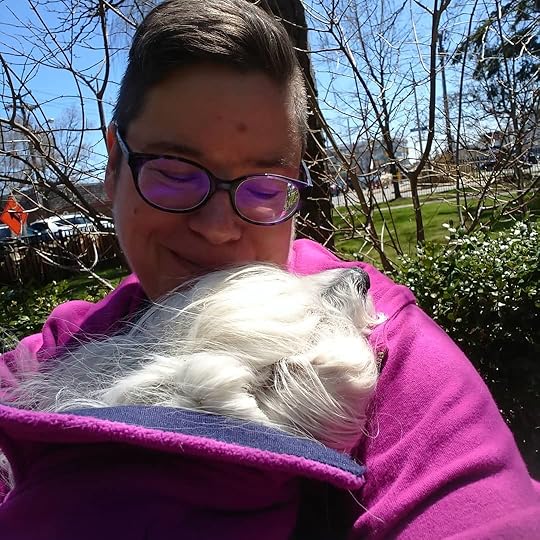Petal wanted some sun, so even though it’s chilly we sat out. She has pancreatitis again – it’s chronic – and the knee that was operated on is hurting her. But she’s still the sweetest, gentlest girl. (She’s on two pain meds; a low fat, low protein diet; digestive enzymes; a fermented probiotic; and a few natural and homeopathic remedies we’re trying out. I wish I could take away her pain. But she still wants to be with me all the time, still plays and loves people and treats. Lots of sleepless nights, but we’re getting through together.)