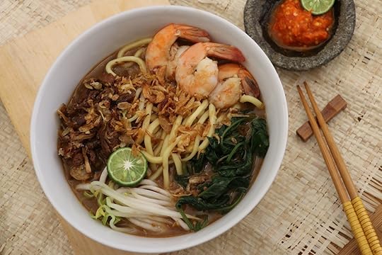 Thick egg noodles with water spinach, soy-braised chicken, shrimps, beans in rich chicken and soy broth
