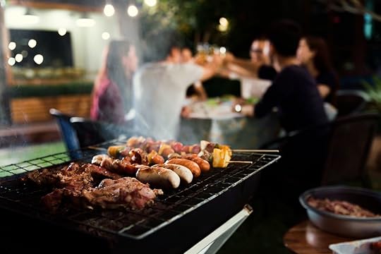 Dinner party, barbecue and roast pork at night