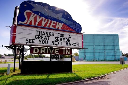Drive in movie theater posts end of season sign on Marquee in Belleville, IL