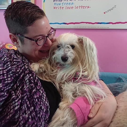Taking a mini break from another emotionally hard scene in my manuscript with cuddlebug Petal! She is such a sweetie.<br /><br />And yes, I framed the positive message greeting card because it makes me feel so good to see, and is such a good reminder – every time I see it I’m taking in the message. I hope you have reminders like that, too. I think they help. Repetition of positive messages is especially important for anyone who is a survivor of abuse or trauma, or who has experienced oppression, or who deals with depression or mental health issues.<br /><br />How do you give yourself positive messages?<br /><br />#cherylrainfield #YAwriter #LGBTQwriter #booknerd #bookworm #ireadYA #survivor #feminist #YAlit #YAbooks #csa #SAAM #incestsurvivor #torturesurvivor<br />#positiveaffirmations #positivemessages #positivevibes<br />#petalrainfield #chinesecrested #hairyhairless #dogstagram #ilovemydog #ilovemychinesecresteddog #dogmom