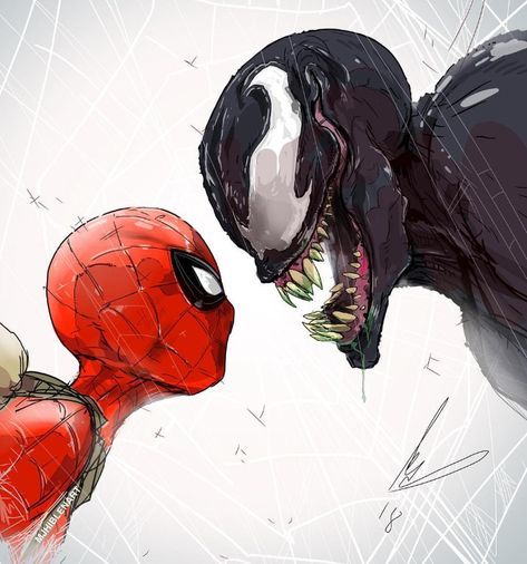 Spiderman cara a cara con el villano Venom. Dibujo digital.