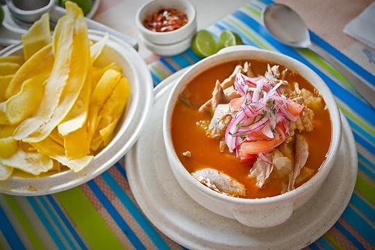 Encebollado, fish stew, served with banan chips and lemon