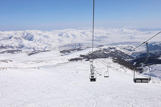 Empty cableway at winter day in Cahkadzor resort in mountains