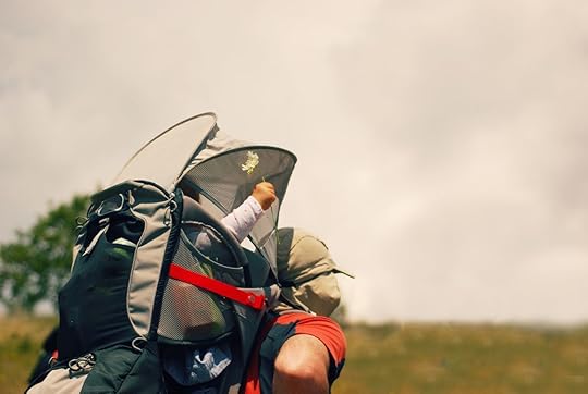 Father hiking in the mountains with a child in a backpack