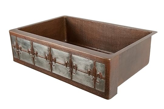Apron Style Kitchen Sinks 33" Hammered Copper Kitchen Apron Single Basin Sink W Fleur De Lis