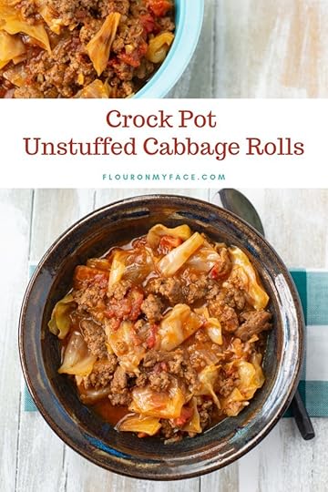 A brown pottery bowl fill with a serving of Crock Pot Unstuffed Cabbage Rolls recipe