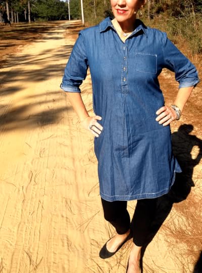 denim and black leggings