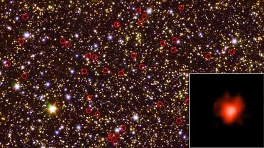 Esta vista de campo profundo del cielo (centro) tomada por los telescopios espaciales Hubble y Spitzer de la NASA está dominada por galaxias, incluidas algunas muy débiles y muy distantes, rodeadas en rojo. El recuadro inferior derecho muestra la luz obtenida de una de esas galaxias durante una observación de larga duración. Créditos: NASA/JPL-Caltech/ESA/Spitzer/P. Oesch/S. De Barros/I.Labbe