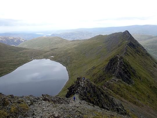Striding Edge from the top of Helvellyn, with the glacier-scoured lake of Red Tarn below