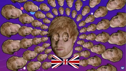 A kaleidoscope of small Sheeran heads surrounding a large, center Sheeran head with tiny Sheeran heads for eyes wearing a union jack bow tie.