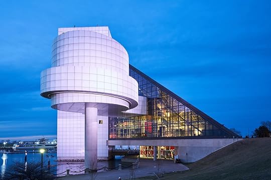 The Rock and Roll Hall of Fame lit up at night