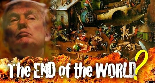 President Trump looms within image of Bosche's Last Judgement and flames. The end of the world?<br />