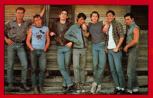 Patrick Swayze, Emilio Estevez, Matt Dillon, Ralph Macchio, C Thomas Howell, Rob Lowe and Tom Cruise in The Outsiders (1983)