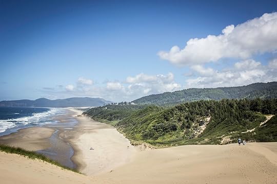 The Oregon coastline on a beautiful summer day from on top of a sand dune in Pacific City, Oregon