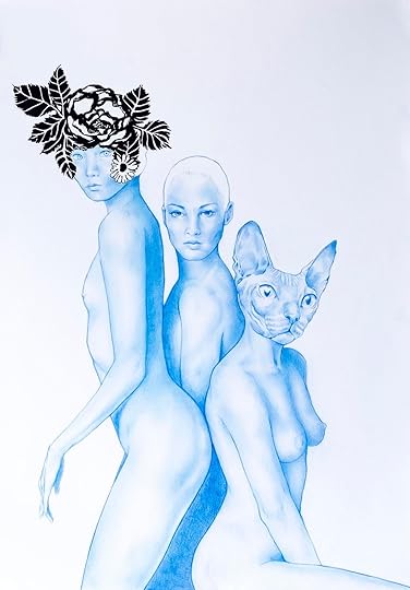 Ilustración de Jorge González trío de dos ninfas celestes como mujer con cabeza de gato