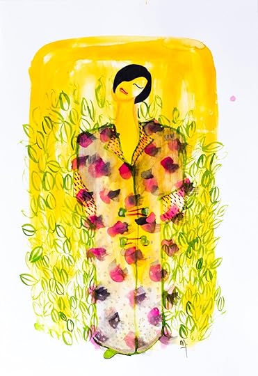 Ilustración de Melina Rapimán mujer con kimono floral en fondo amarillo